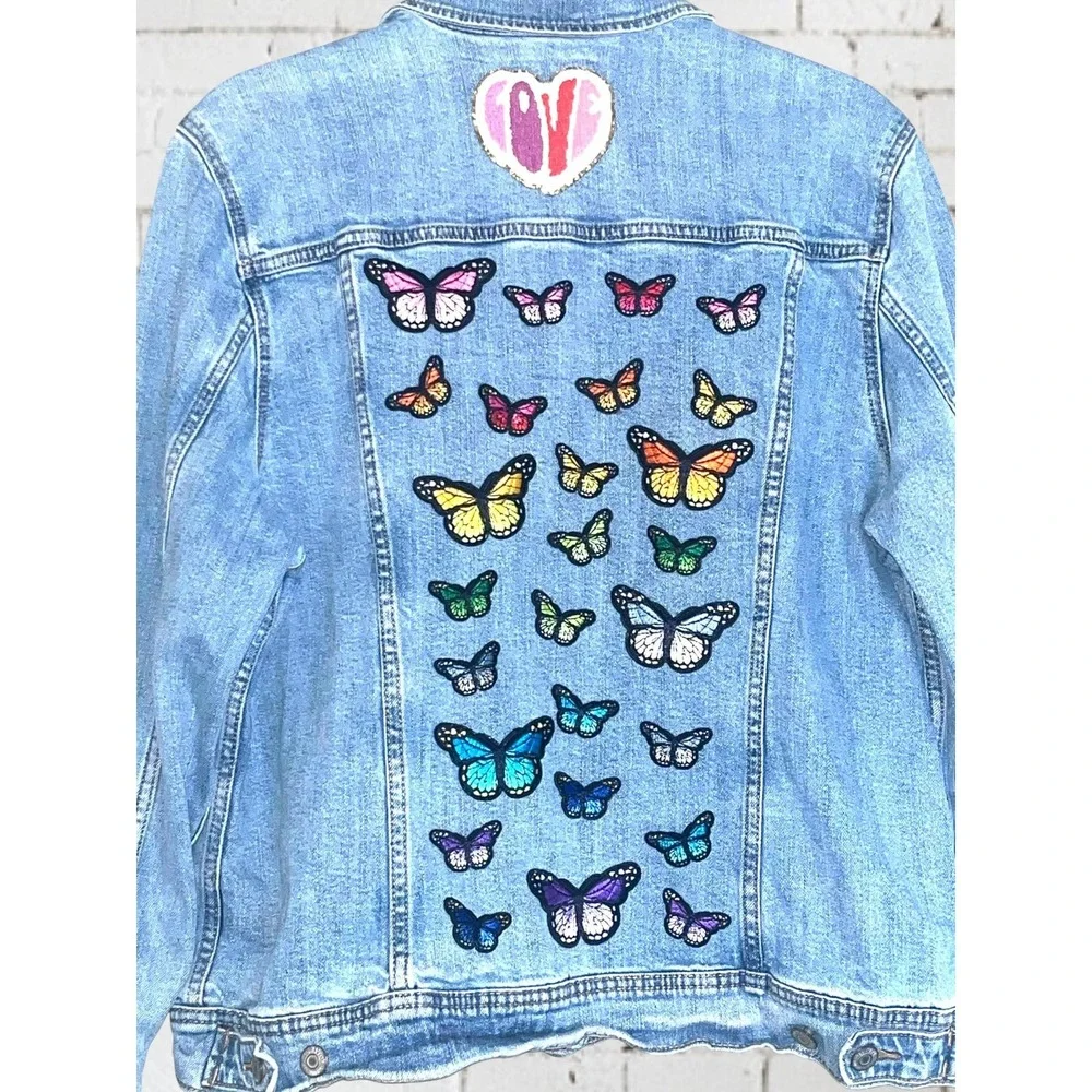 Rainbow Butterflies Pride Boho Festival Patch Denim Jean Jacket LGBTQIA+ sz. XL - Picture 2 of 9